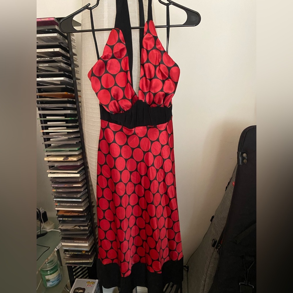 Ladies says small satin, red and black halter style sundress
